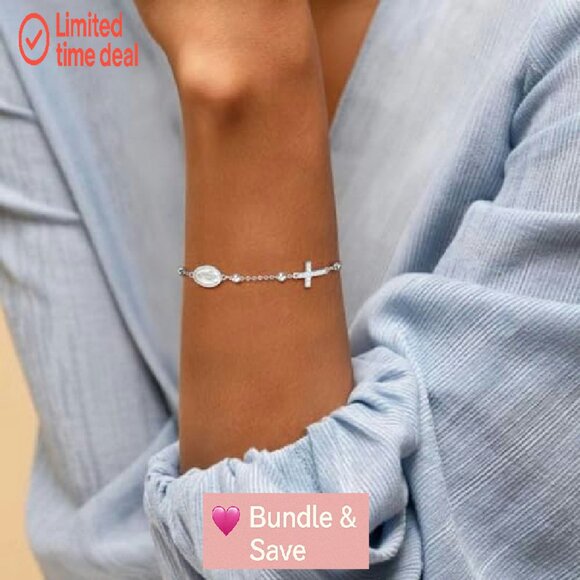 Sterling Silver Cross Charm Bracelet Adjustable Dainty Christian Gift - Picture 3 of 8